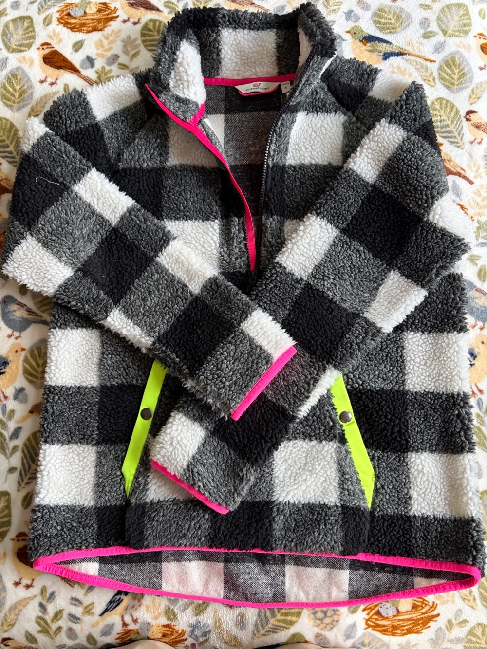 Vineyard Vines Black & White Buffalo Check Sherpa Pullover with Neon Pink Trim